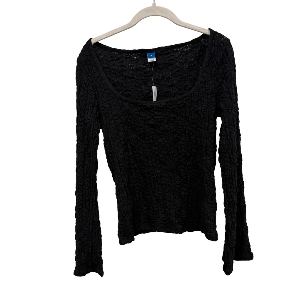 Old Navy Womens Black Jack Crinkle Long Sleeve Scoop Neck Top M 512300-00